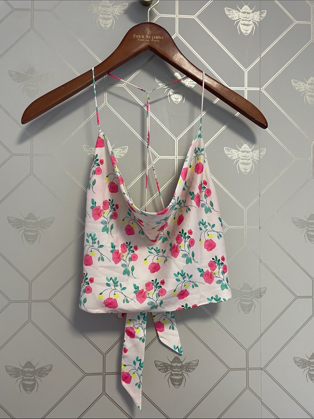 Zara White Pink Floral Cowl-Back Tie Camisole